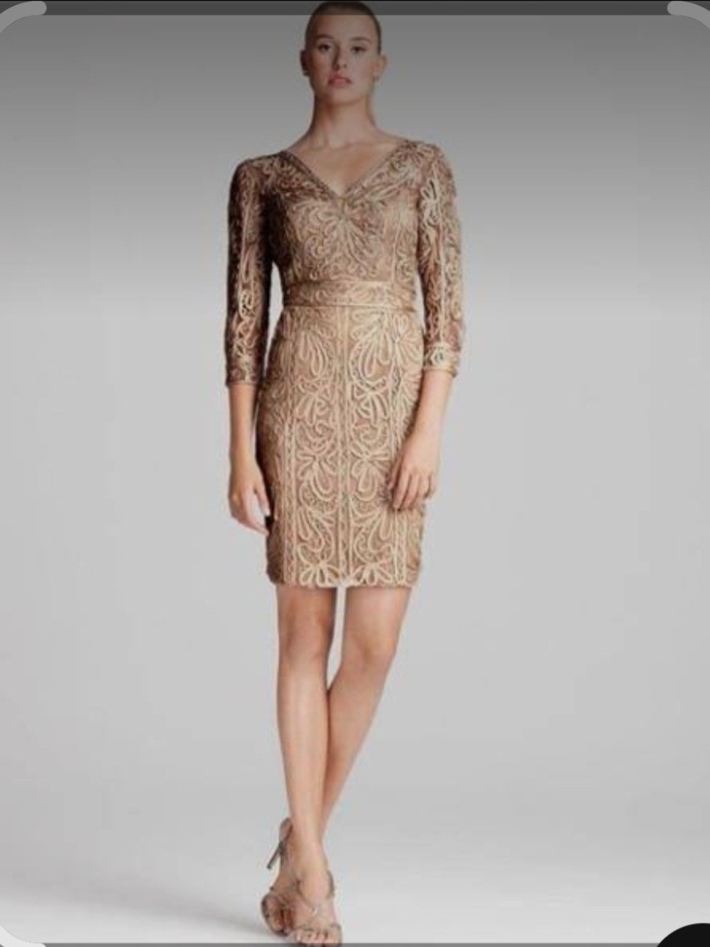 Sue Wong Gold Lace V-Neck Embroidered Mini Dress